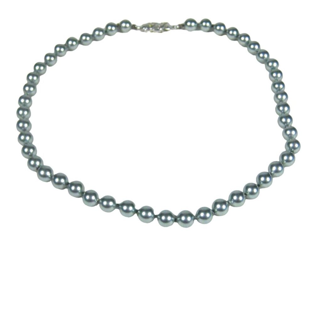 Vintage Imitation Blue Pearl Bead Necklace Fish Clasp Choker Collar 16 in READ